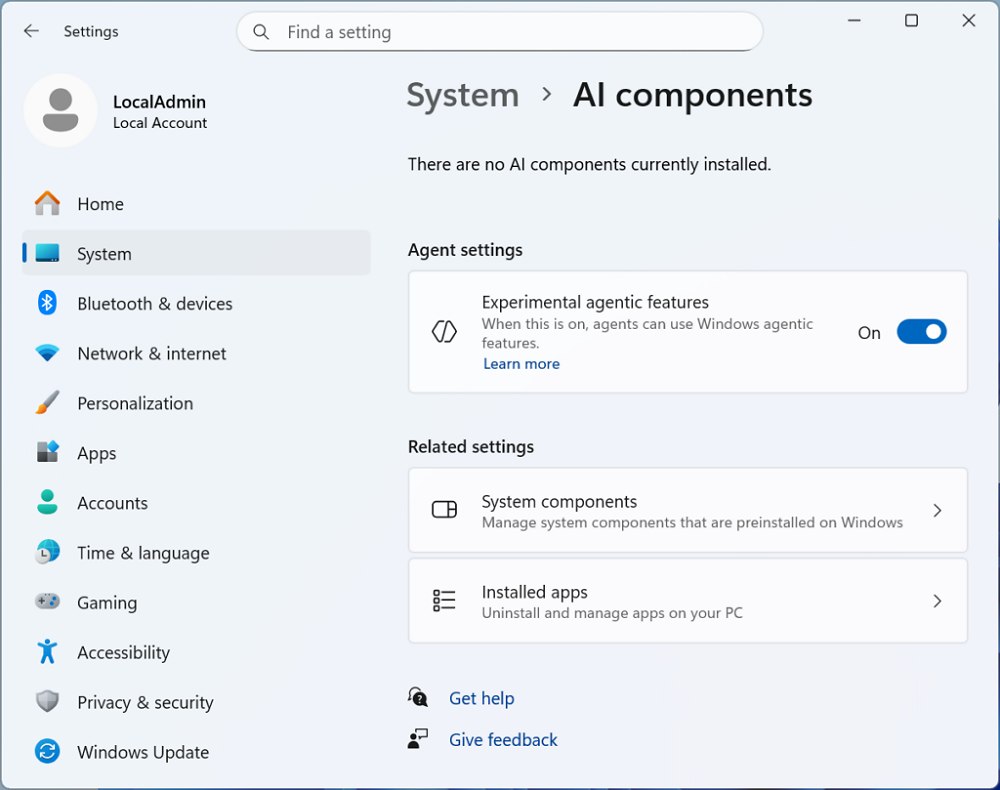 Attivazione agenti AI Windows 11 anteprima