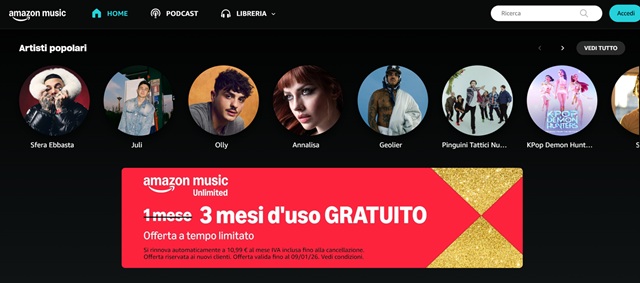 amazon music unlimited 3 mesi gratis