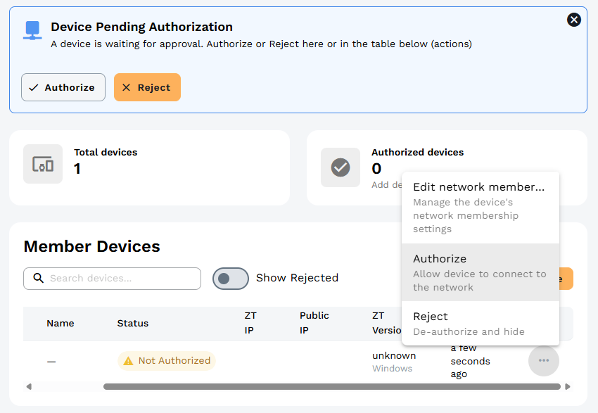 Autorizzazione client ZeroTier connessione VPN