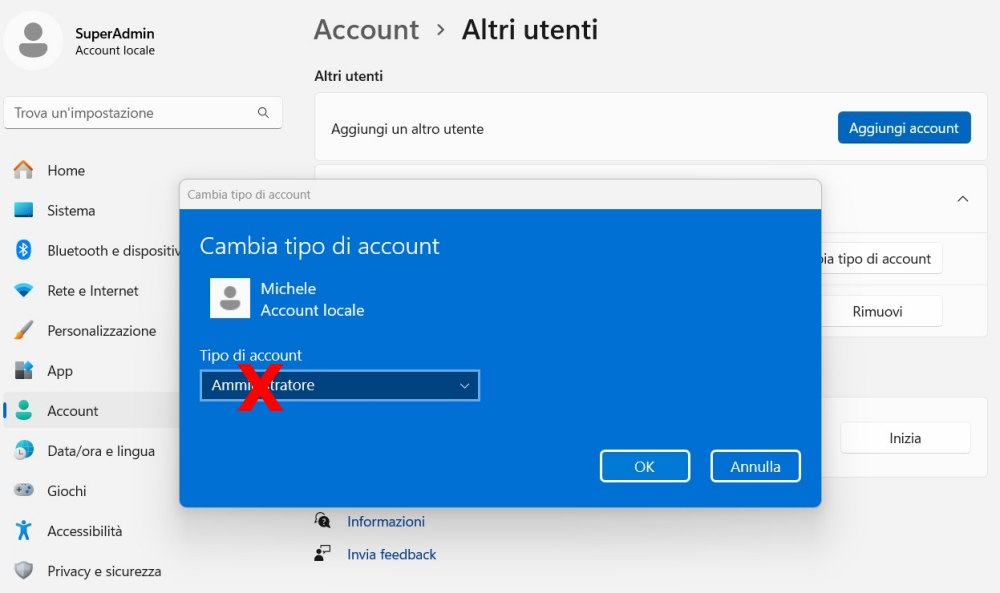 Cambiare tipo account utente Windows 11