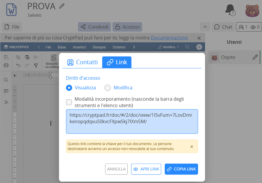 Condivisione documento con CryptPad