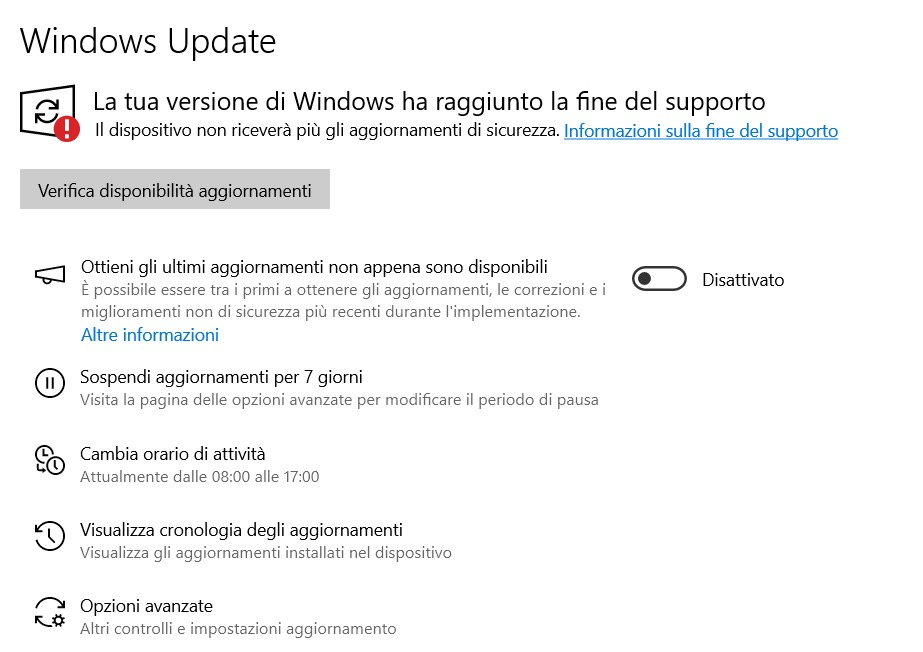 Fine supporto Windows 10 messaggio Windows Update