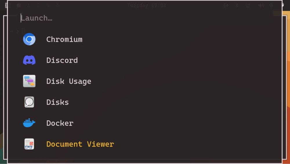 Menu applicazioni Omarchy Linux