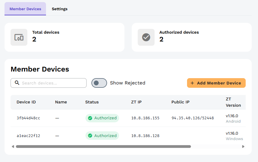 Ping dispositivi collegati rete ZeroTier