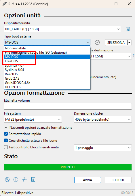 Supporto MS-DOS con Rufus