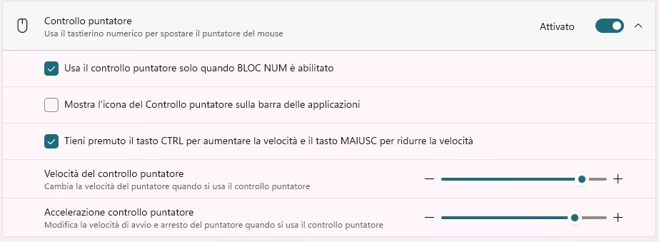 Controllo puntatore mouse da tastiera con Windows 11