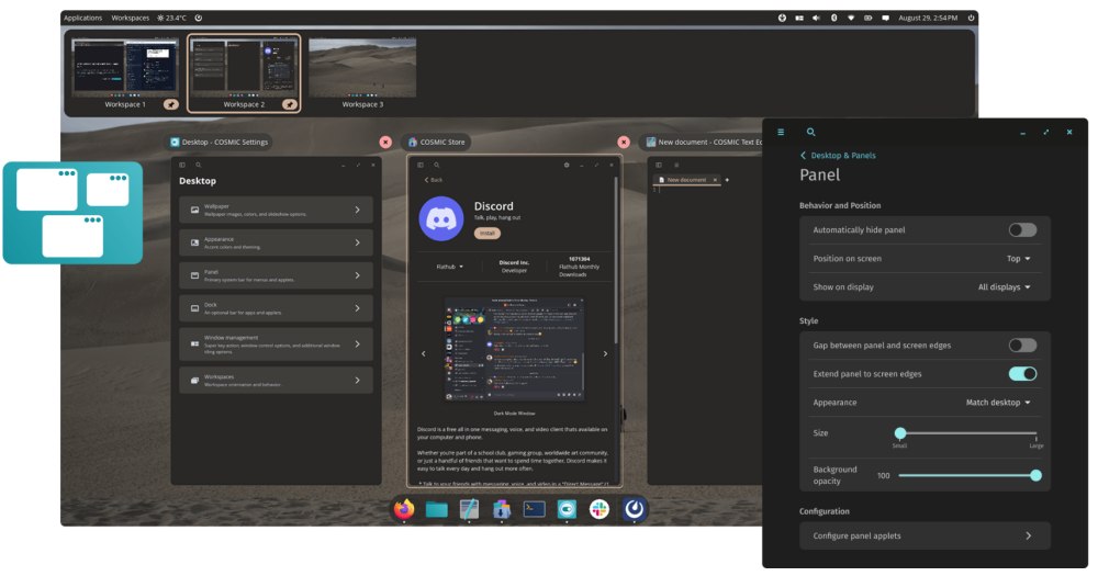 Interfaccia Pop!_OS: desktop environment Cosmic