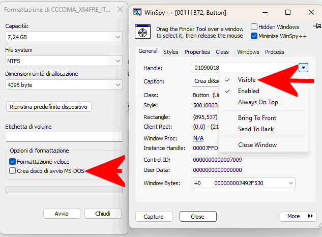 Finestra formattazione WinSpy++