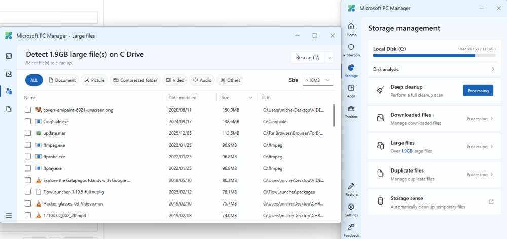 File grandi dimensioni PC Manager Windows 11