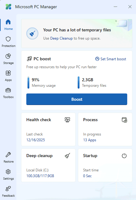 Microsoft PC Manager: schermata principale