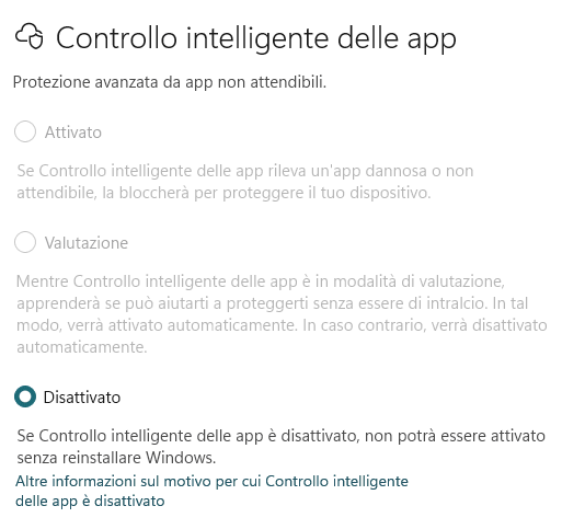 Controllo intelligente app Windows 11: impostazione