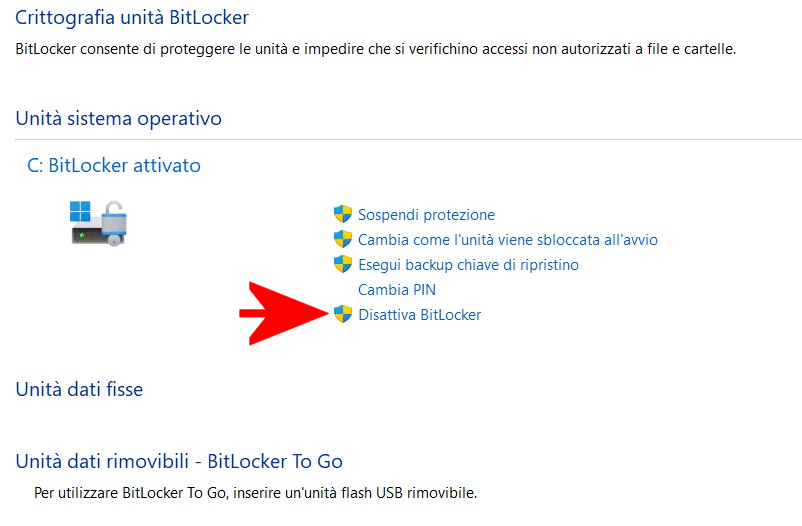 Disattivazione BitLocker