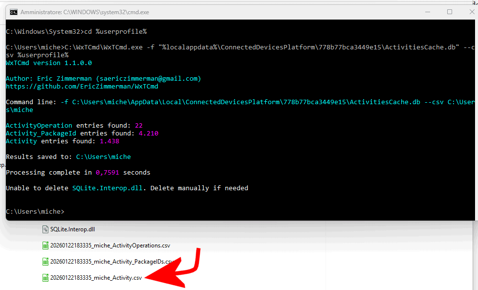 Generazione CSV attività utente Windows
