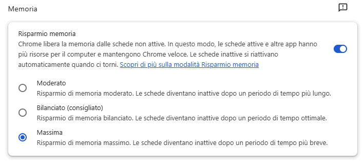 Risparmio memoria schede aperte Chrome