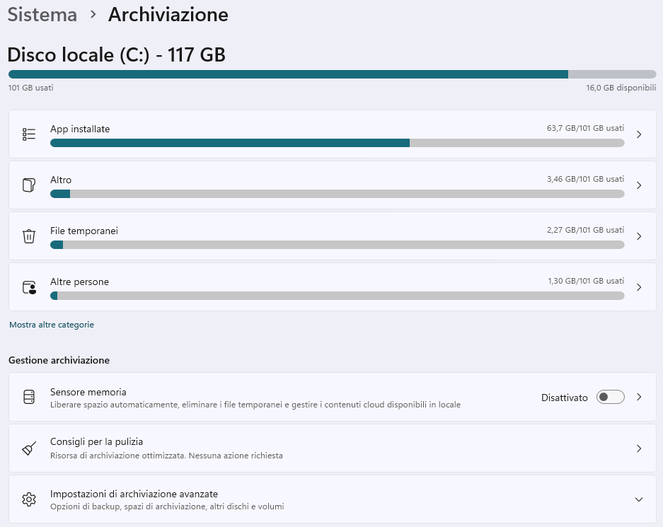 Impostazioni archiviazione Windows 11