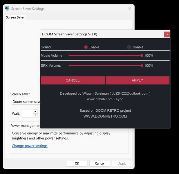 Impostazioni audio Doom Screen Saver Windows