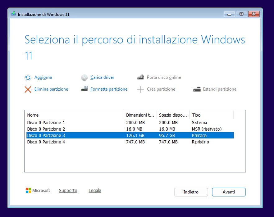 Installazione Windows 11, scelta unità e partizioni