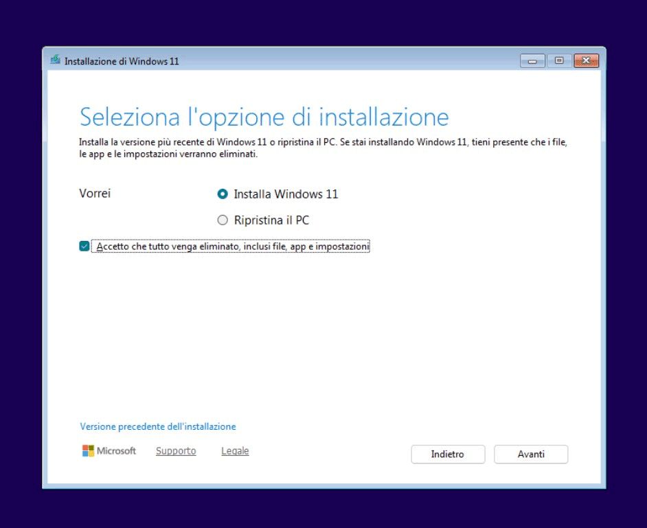 Opzione installazione Windows 11