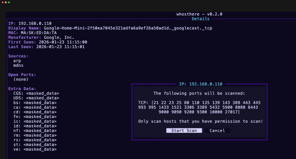 Whosthere effettua scansione porte aperte nei dispositivi collegati in LAN