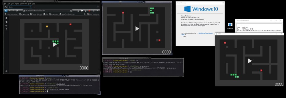 Snake, gioco da 13 KB multipiattaforma eseguibile su Windows, Linux e browser Web