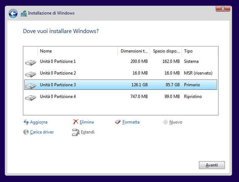 Unità destinazione installazione Windows 11