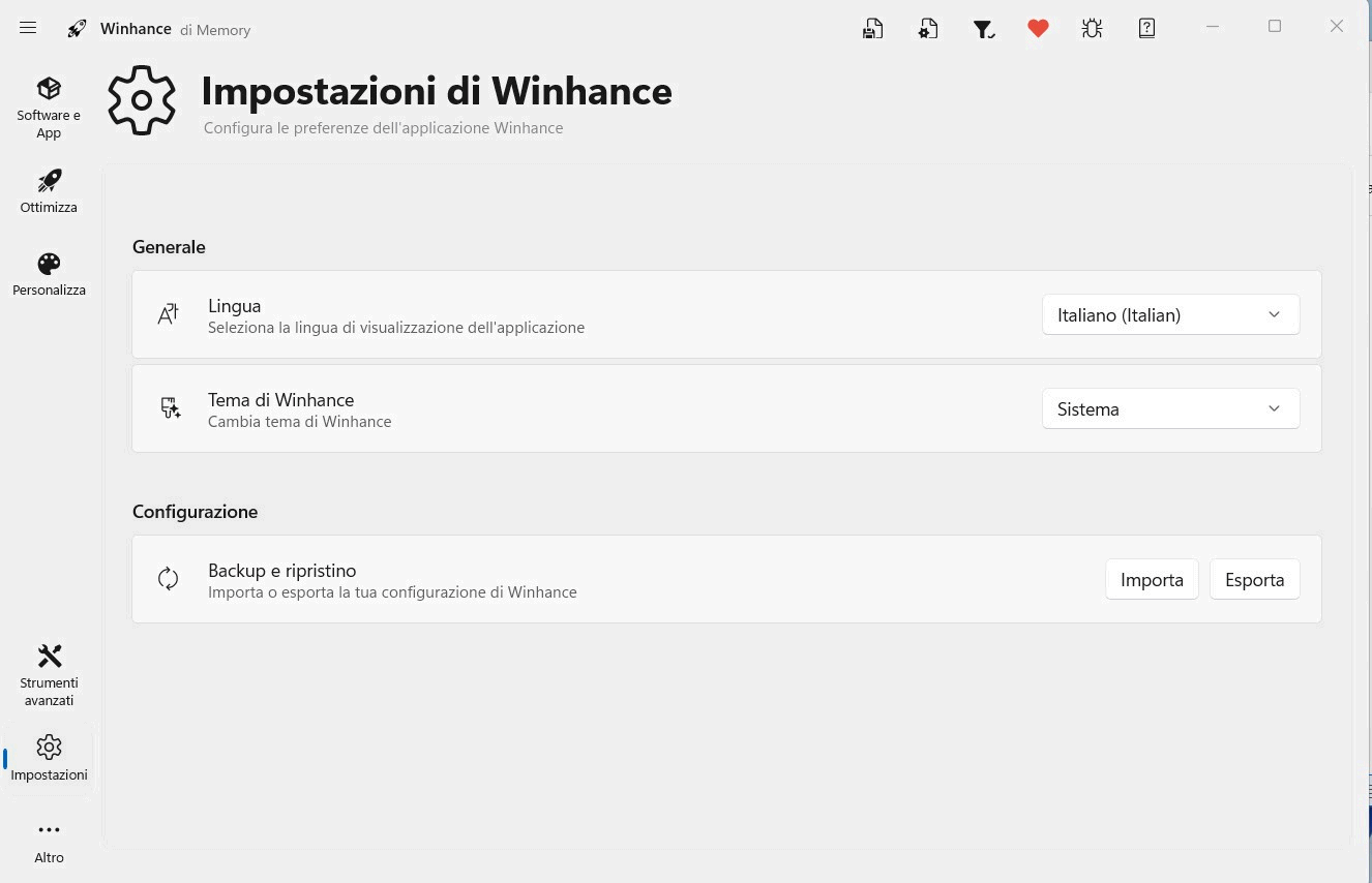 Backup impostazioni Winhance