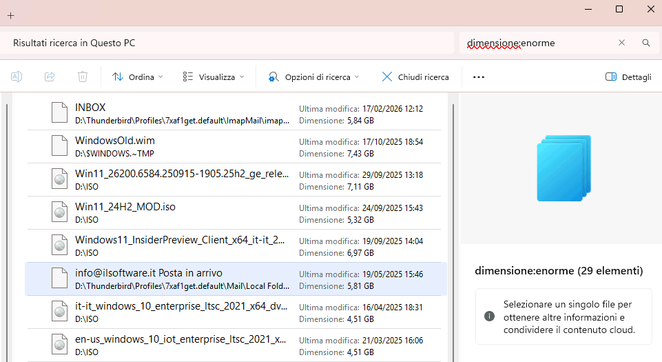 Ricerca file grandi dimensioni in Windows 11