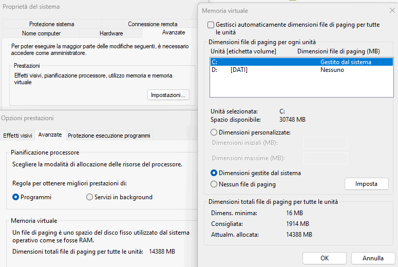 Impostazione file di paging Windows