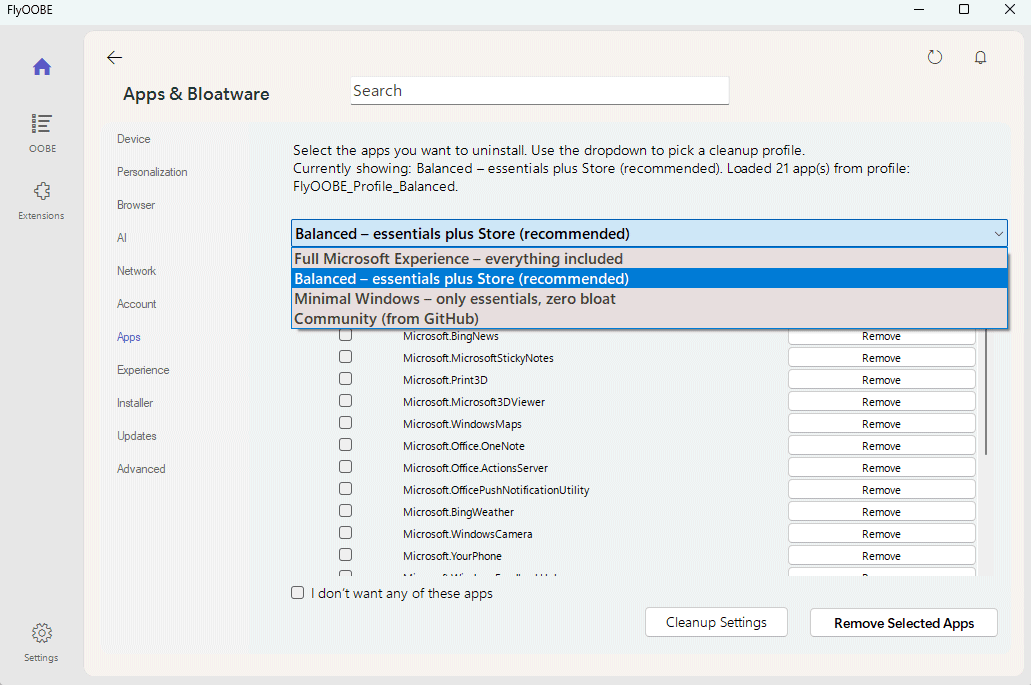 Rimozione app bloatware con FlyOOBE Windows 11