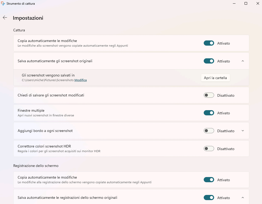 Impostazioni cattura schermo Windows 11