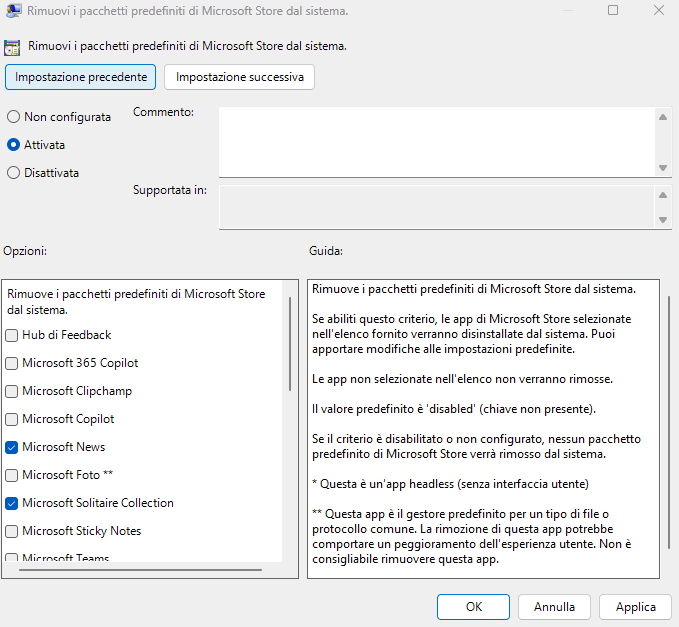 Rimozione app Microsoft preinstallate in Windows 11
