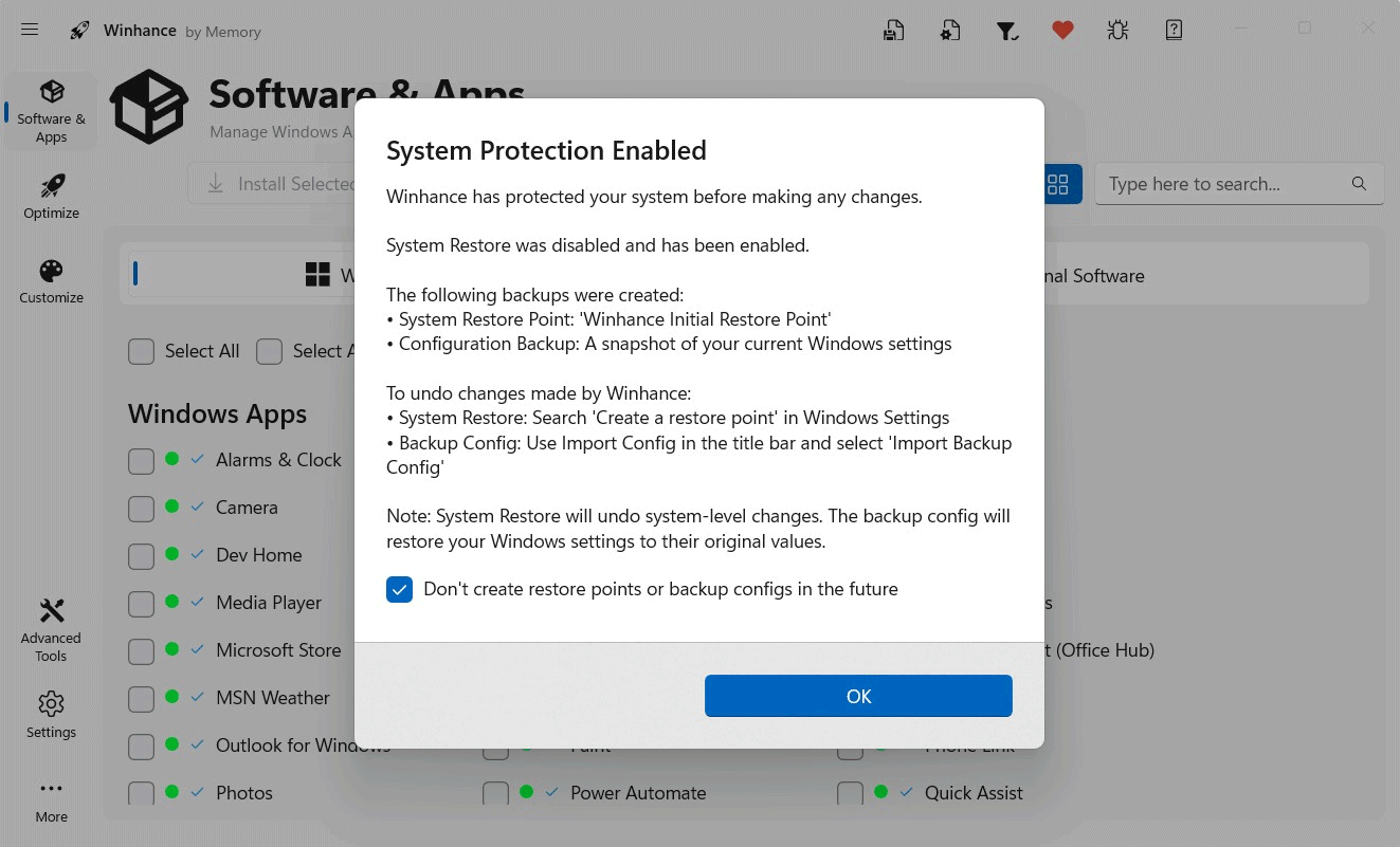 Ripristino configurazione di sistema Winhance