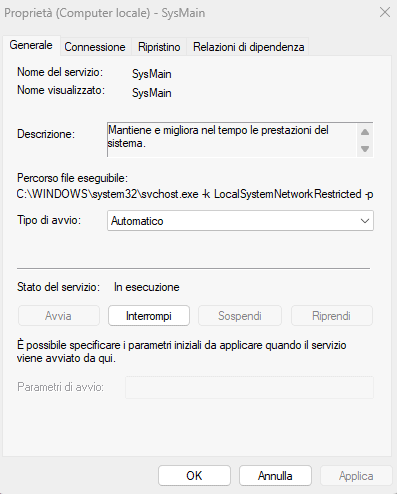 Servizio SysMain ottimizzazione SSD Windows