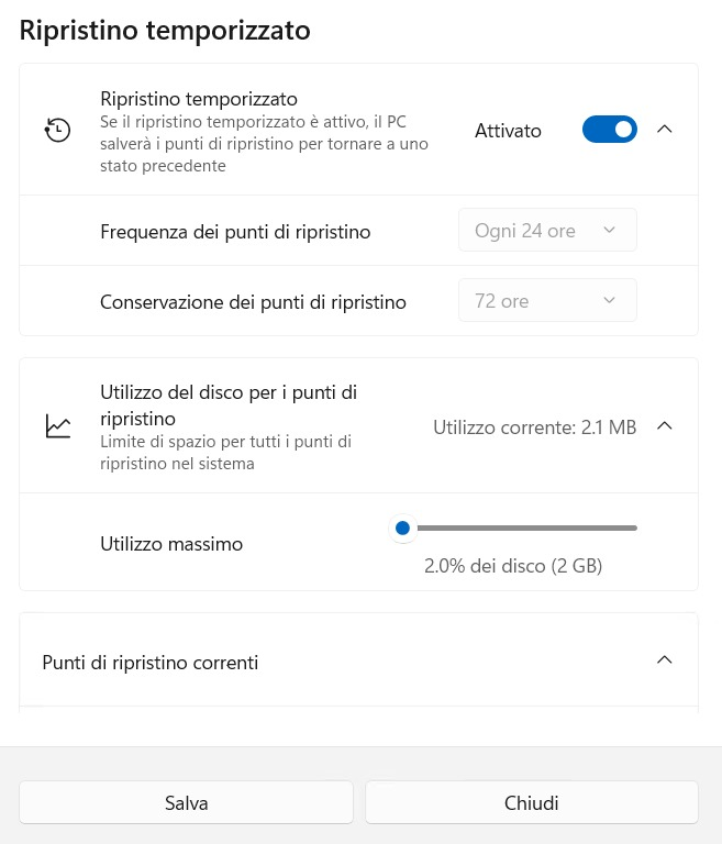 Configurazione ripristino temporizzato Windows 11