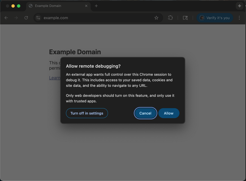 Finestra conferma debug remoto Chrome MCP