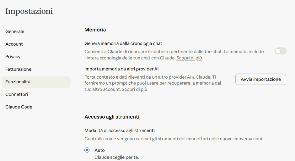 Importazione memoria Claude AI