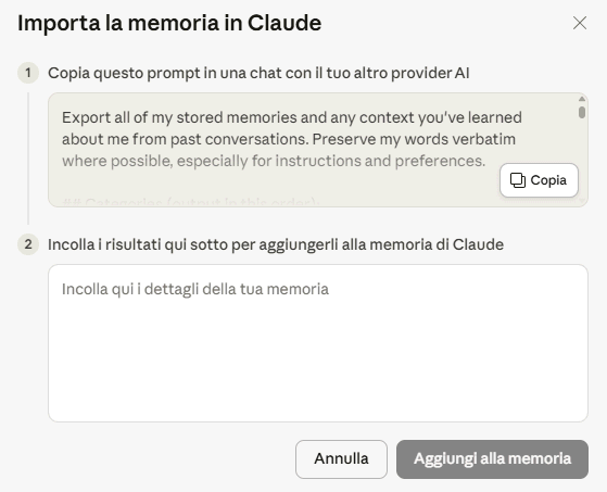 Prompt per esportazione memoria da chatbot AI come ChatGPT