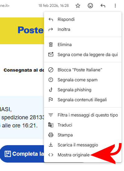 Header messaggio Gmail