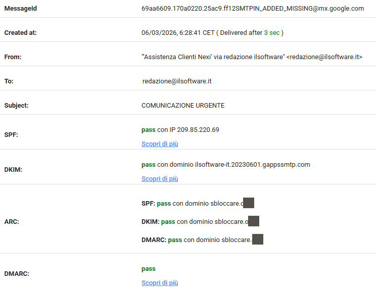 Verifica SPF DKIM DMARC email phishing
