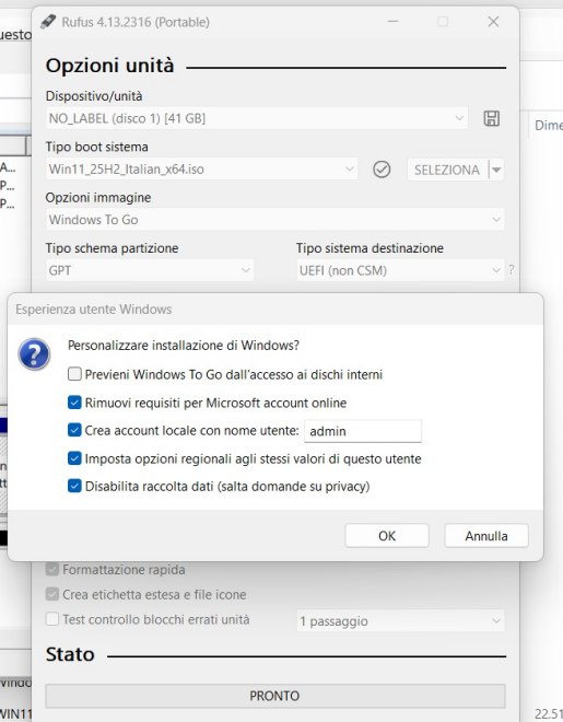 Configurazione Windows To Go Rufus USB