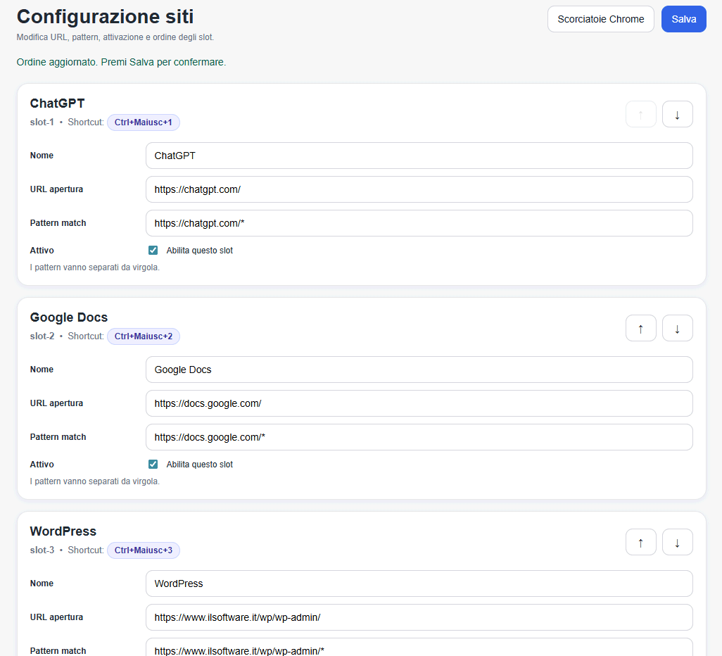 Configurazione scorciatoie tastiera schede Chrome