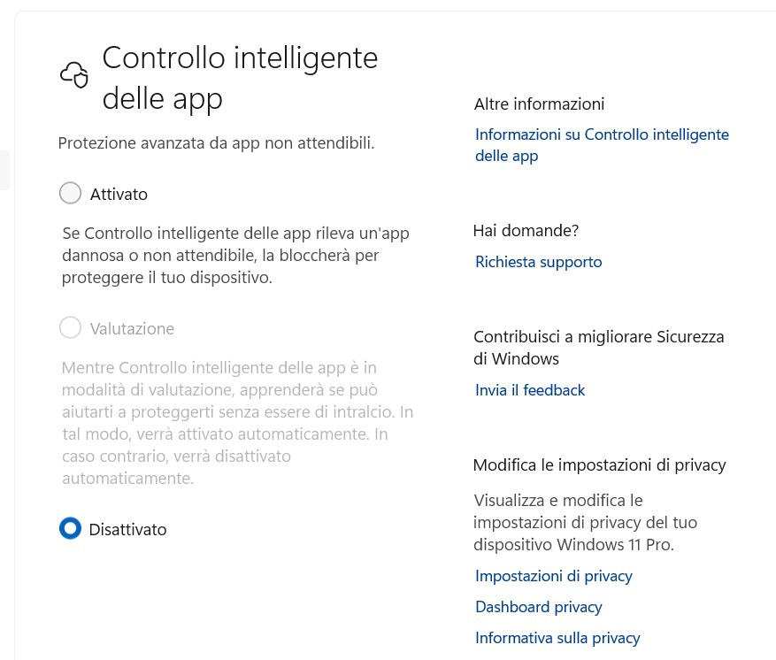 Controllo intelligente delle app Windows 11