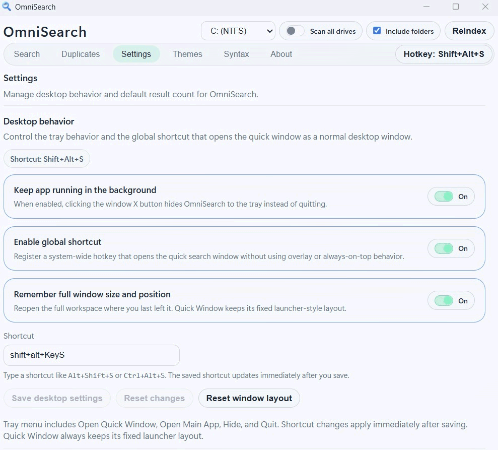 Impostazione scorciatoie OmniSearch Windows 11