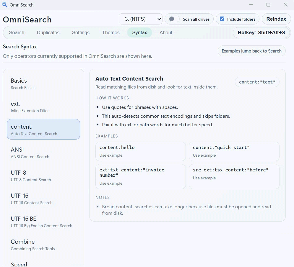 Sintassi ricerca contenuto file con OmniSearch