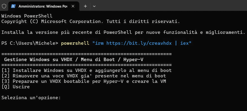 PowerShell installazione di Windows file VHDX