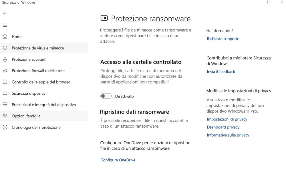 Protezione ransomware Windows 11