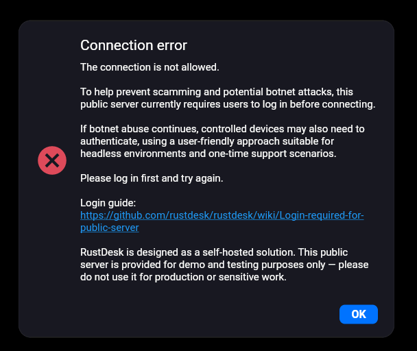 RustDesk connessione non permessa server pubblici