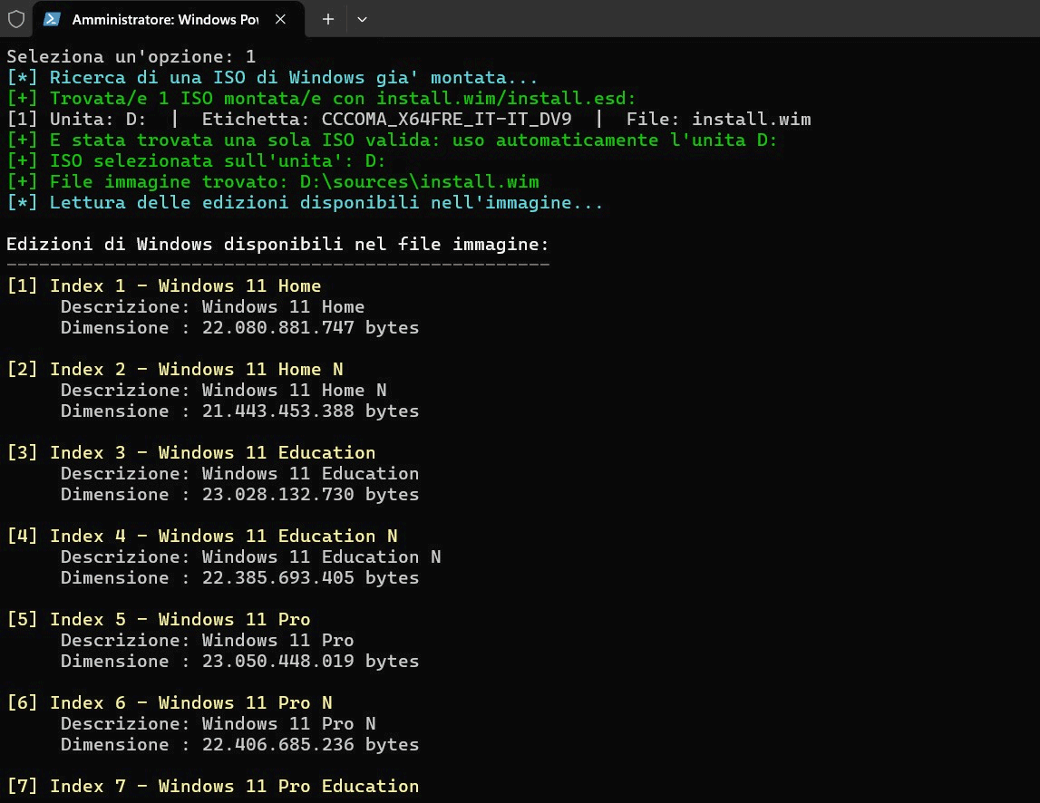 Scelta edizione Windows 11 installazione file VHDX