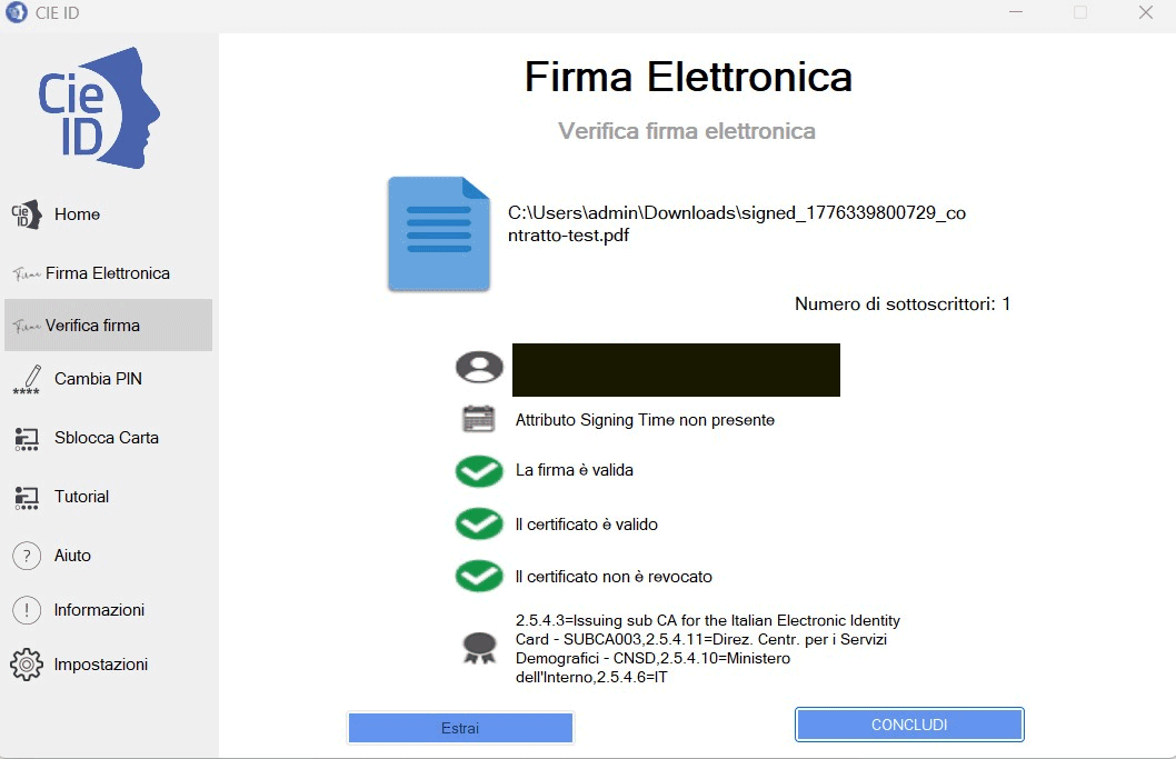 Verifica firma digitale FEA CIE CieSign