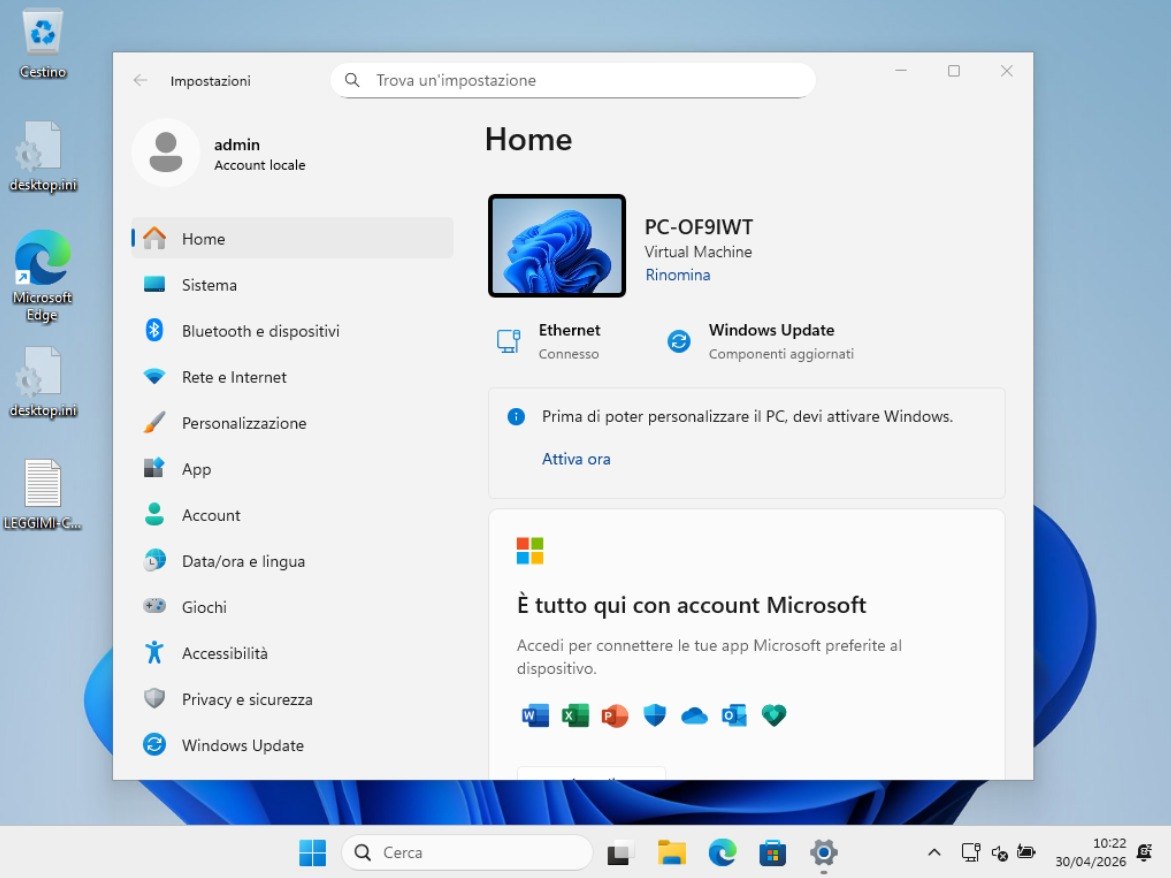 Windows 11 installato con ISO personalizzata